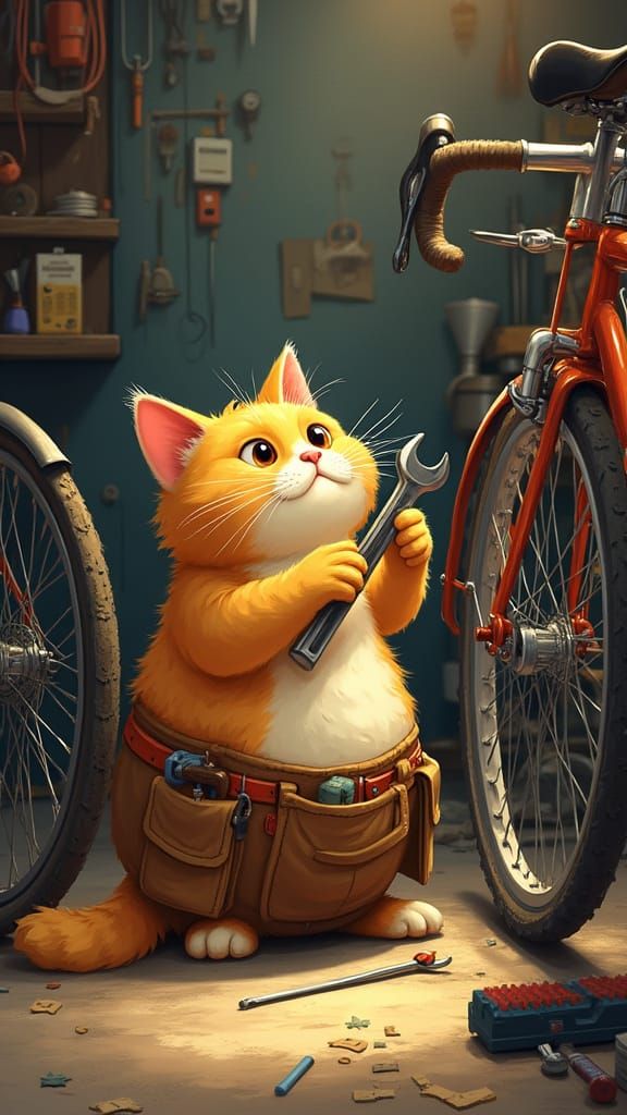 Whimsical Cat Tinkerer in Cozy Garage Workshop