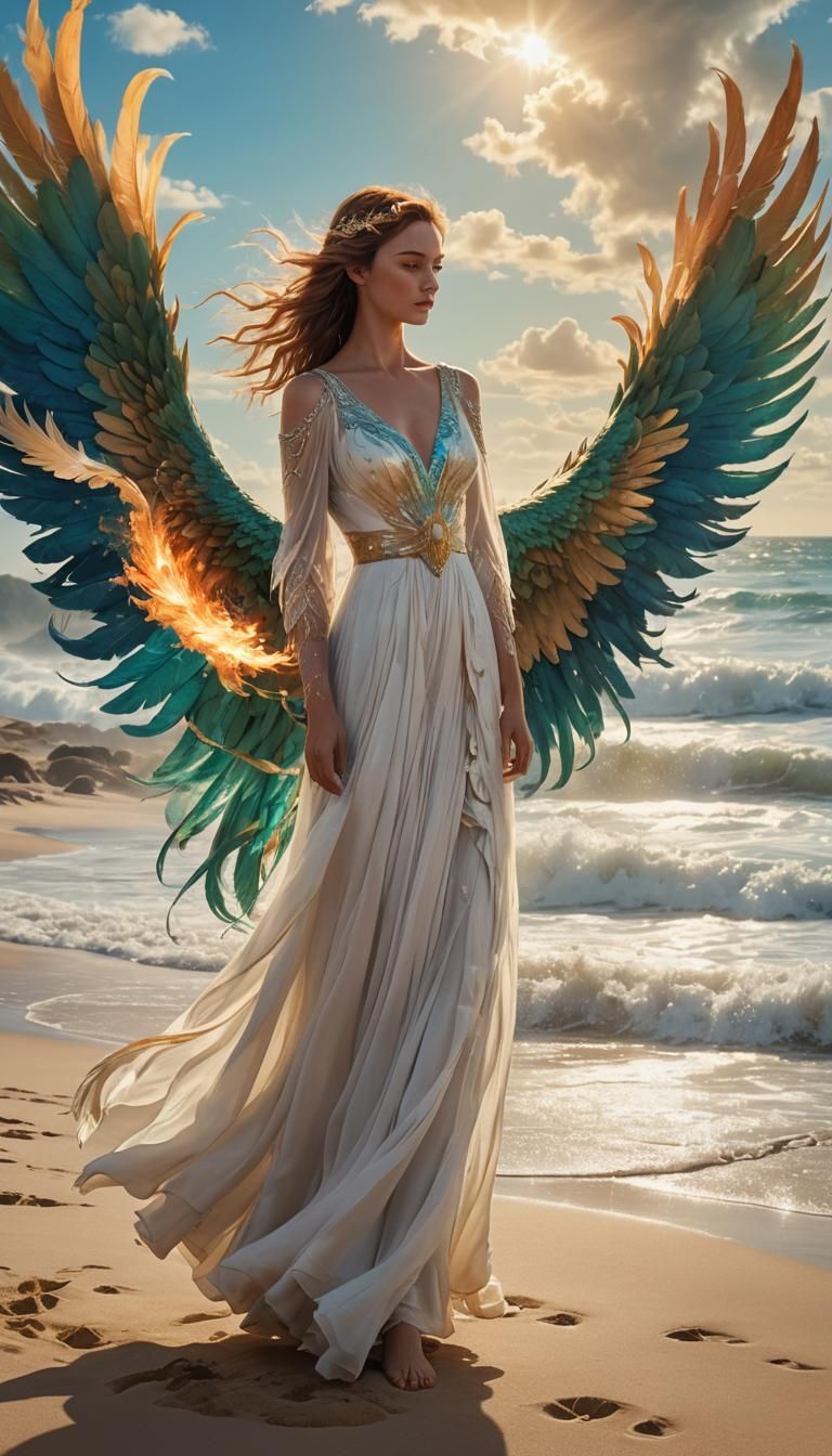Woman and Phoenix on Sunny Beach, Digital Matte Painting