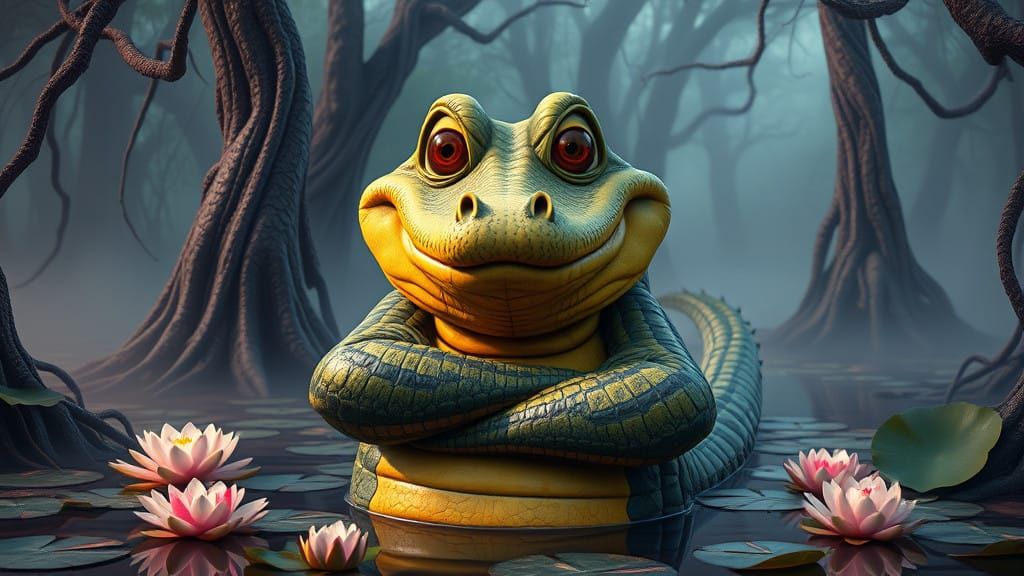 Happy Alligator Guardian of the Swamp in Vibrant Candy Art S...