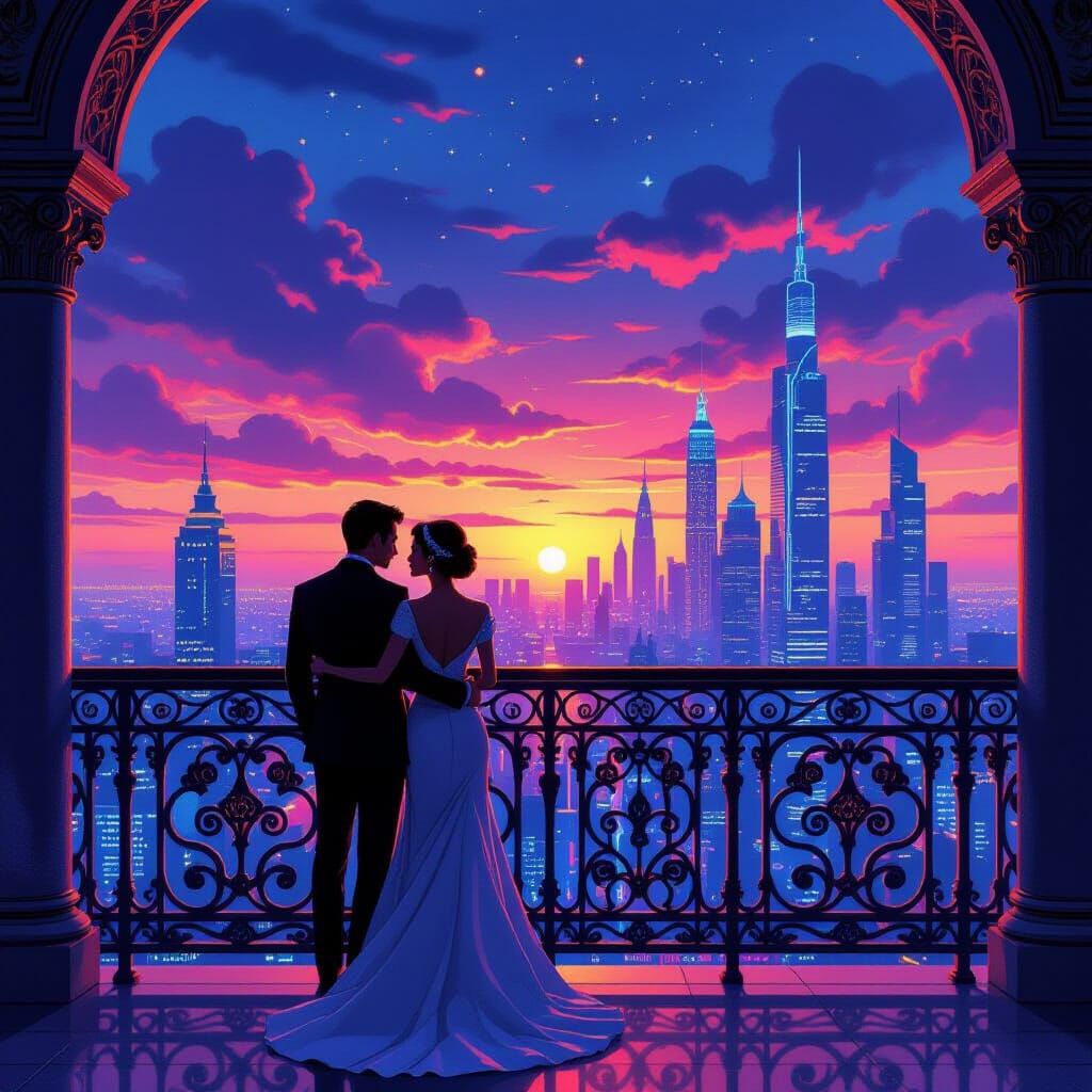 Couple on Art Deco Balcony at Synthwave Sunset