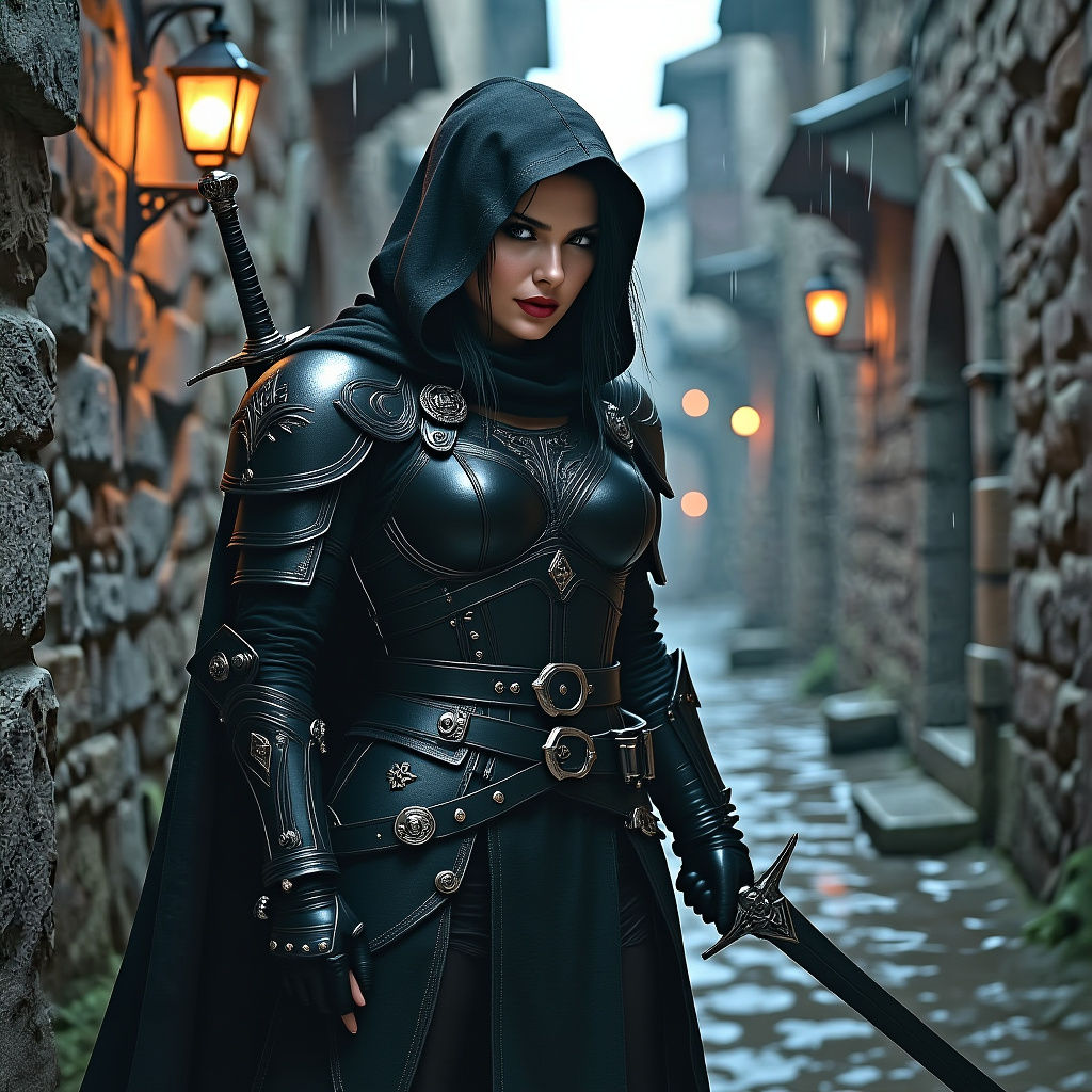 Cyberpunk Elf Thief Guarding Grimy Alleyway