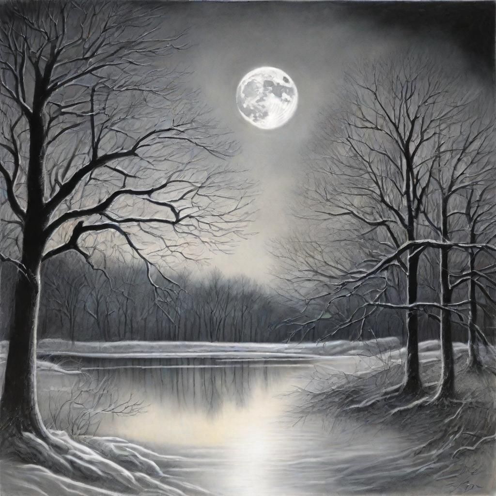 Moonlit Winter Landscape in Charcoal Art Style