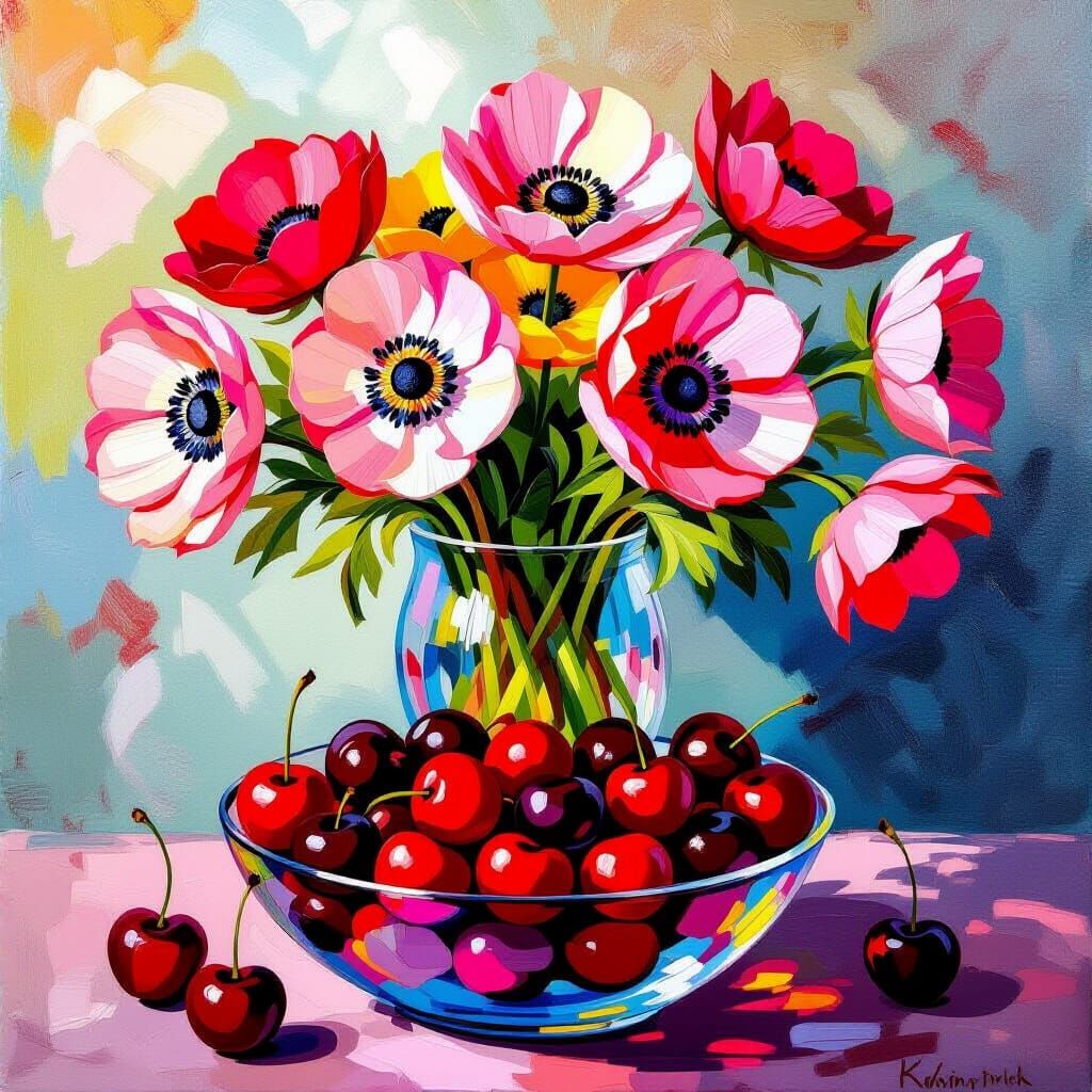 Vibrant Anemone and Cherry Still Life Oil Painting