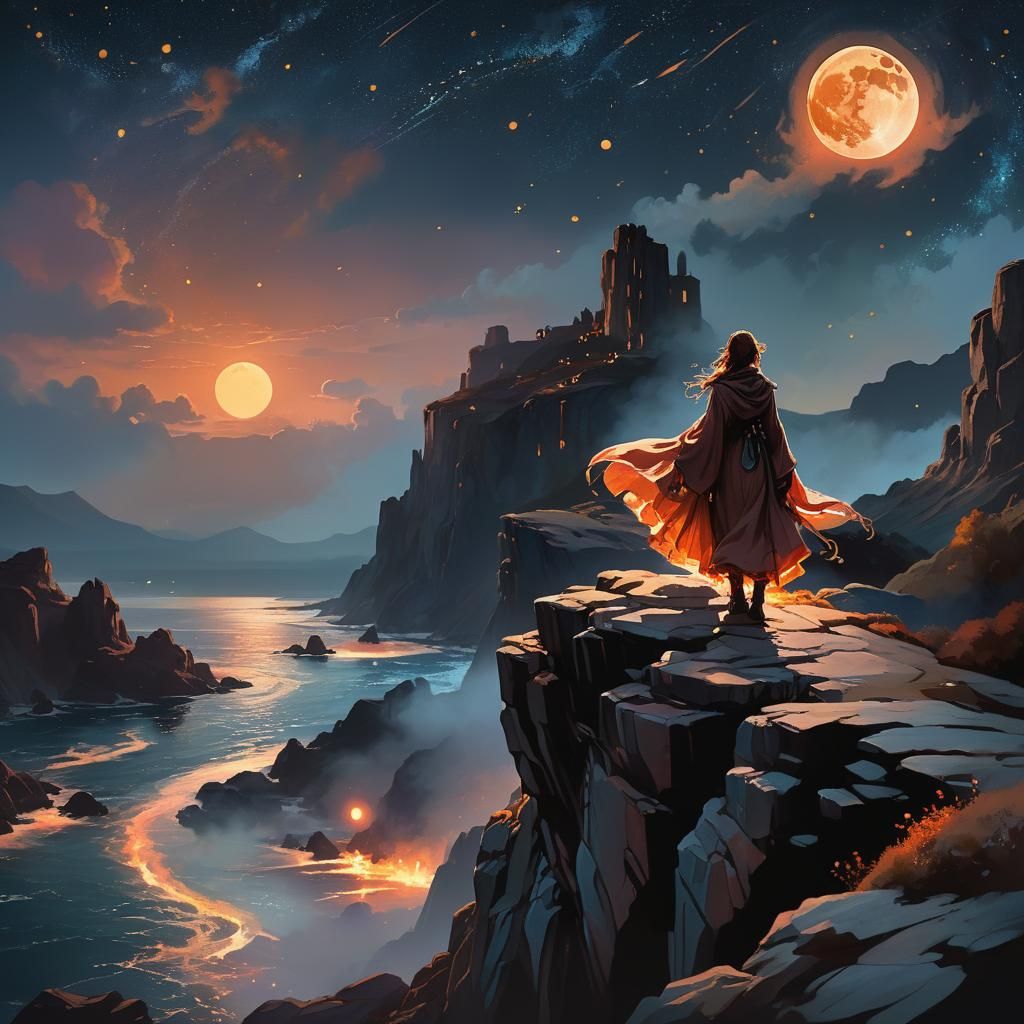 Lone Figure Under Starry Sky: Fantasy Art
