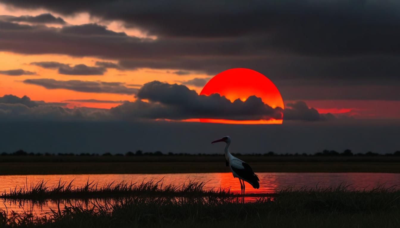 Stork Silhouette Against Setting Sun: Matte Painting