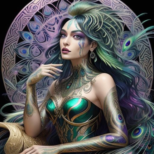 Rainbow Serpent Woman with Peacock Feathers in Surreal Art