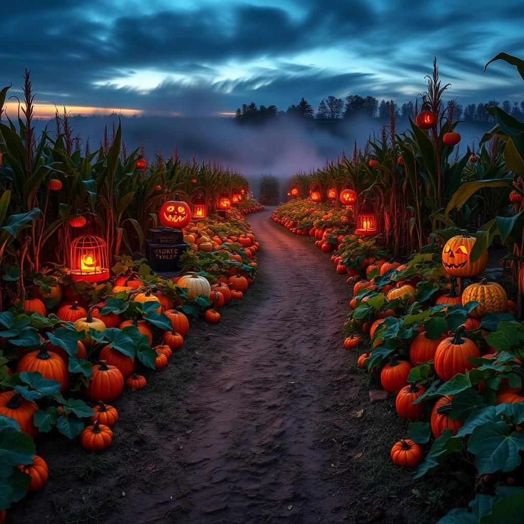Serene Halloween Pumpkin Patch at Dusk in Hyperrealism