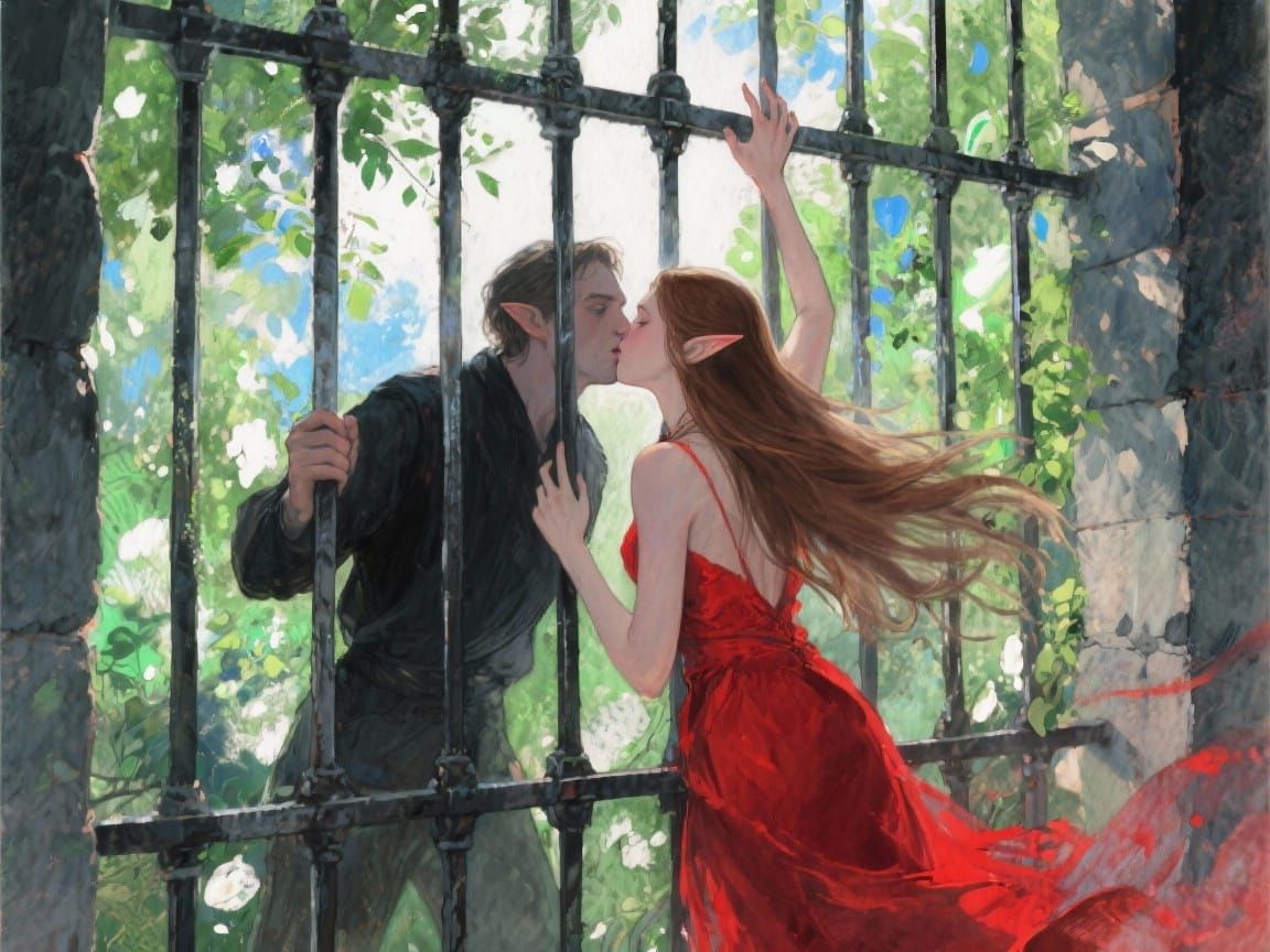 Passionate Kiss Behind Iron Bars in Fantasy Art