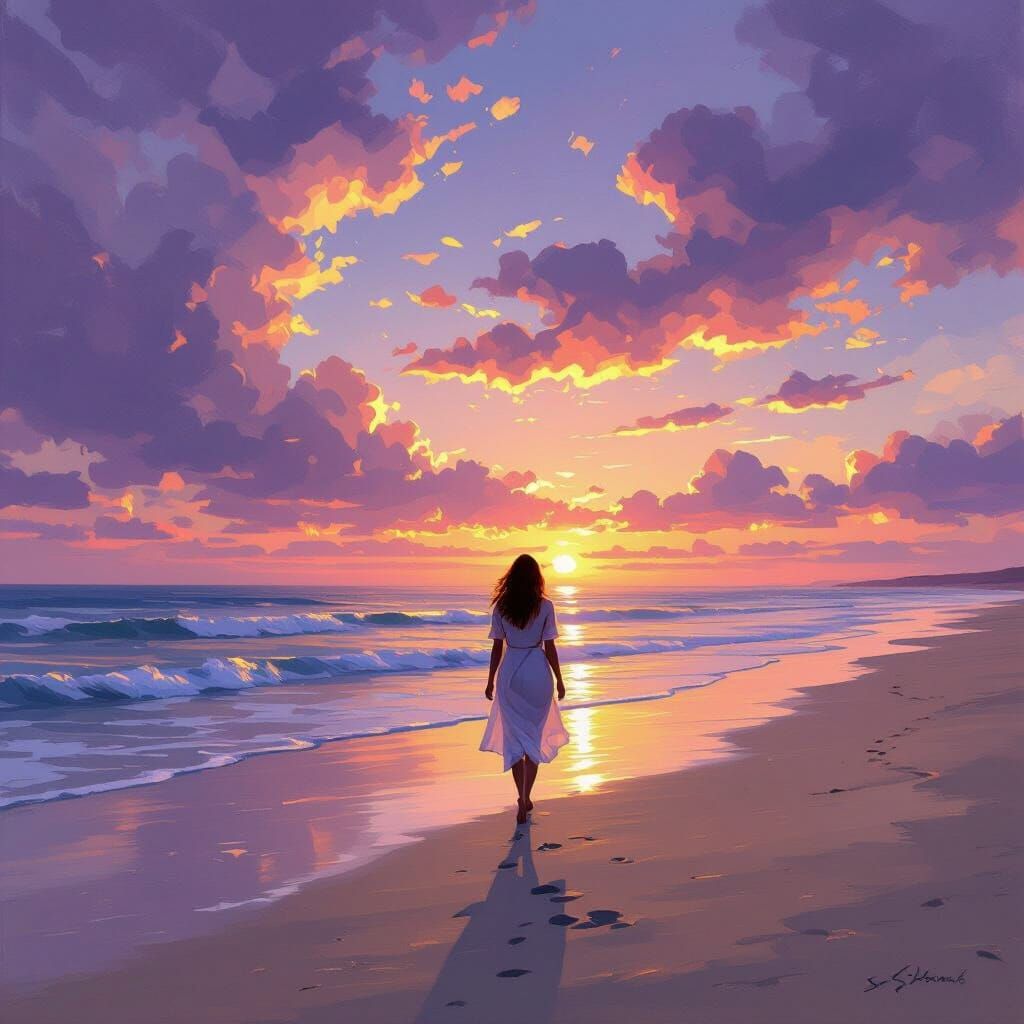 Woman Walking on Beach at Sunset