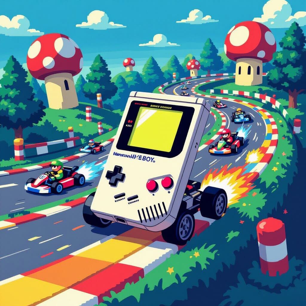 Vintage Game Boy on Mushroom Kingdom Race Track