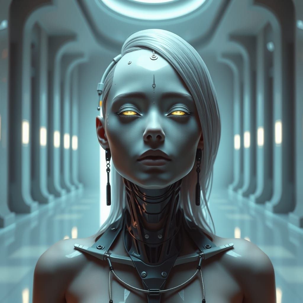 Serene Cyborg Meditation in Cyberpunk Art Deco Style