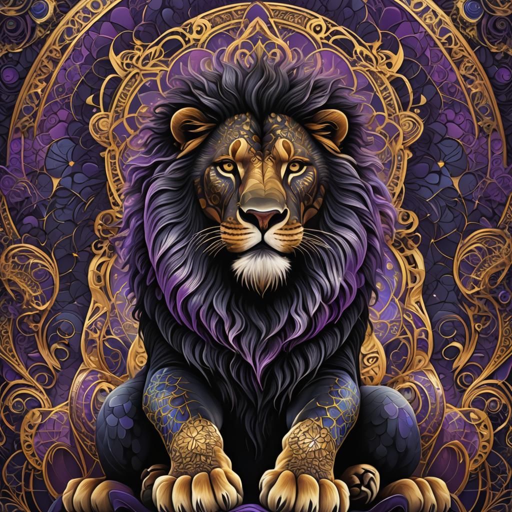 Regal Black Lion on Throne in Fractal Art