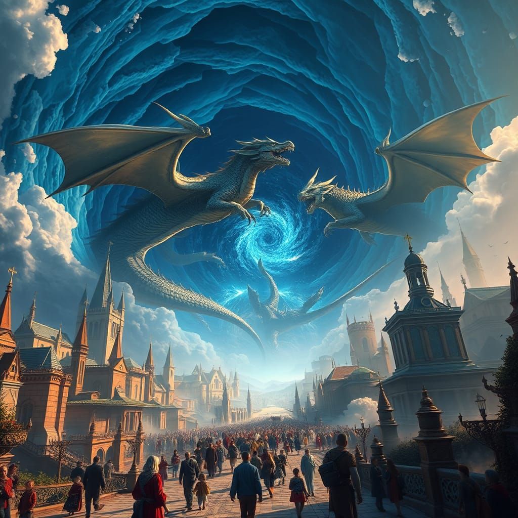 Medieval Metropolis with Dragons in Blue Vortex