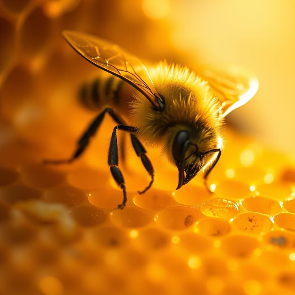 Busy Bee Fills Honeycomb with Golden Honey in Cinematic Styl...