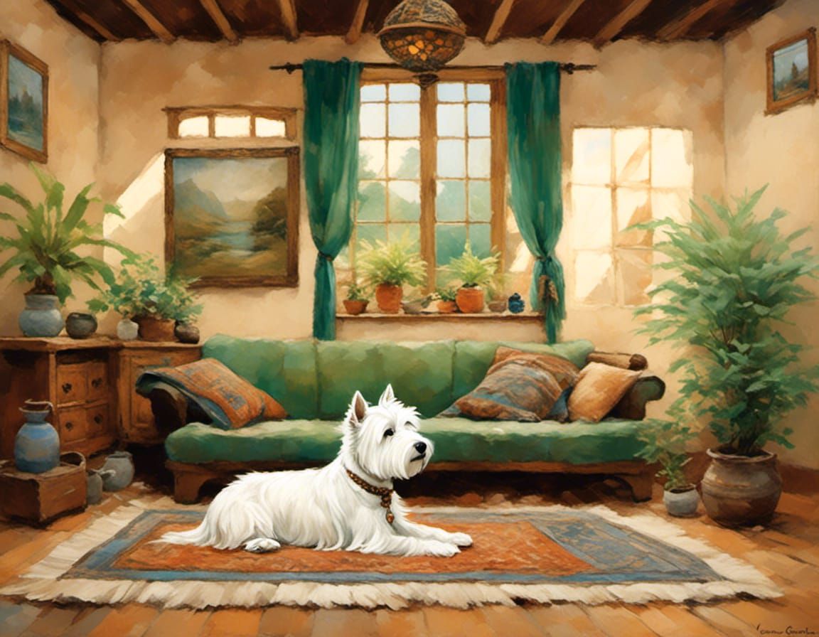 Westie in Boho Room Inspired by Japonism