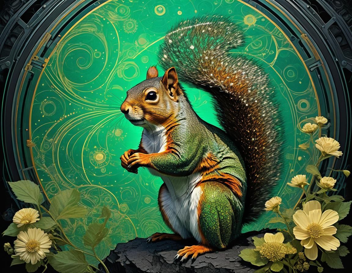Ethereal Surrealist Squirrel Surfing Shimmering Floral Horiz...
