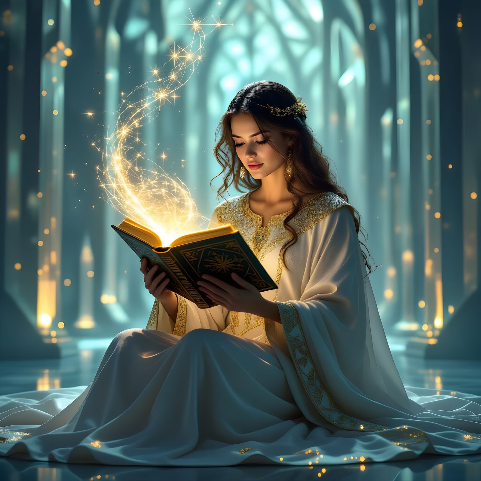 Mythic Scholar Reading Glowing Codex Amid Stardust