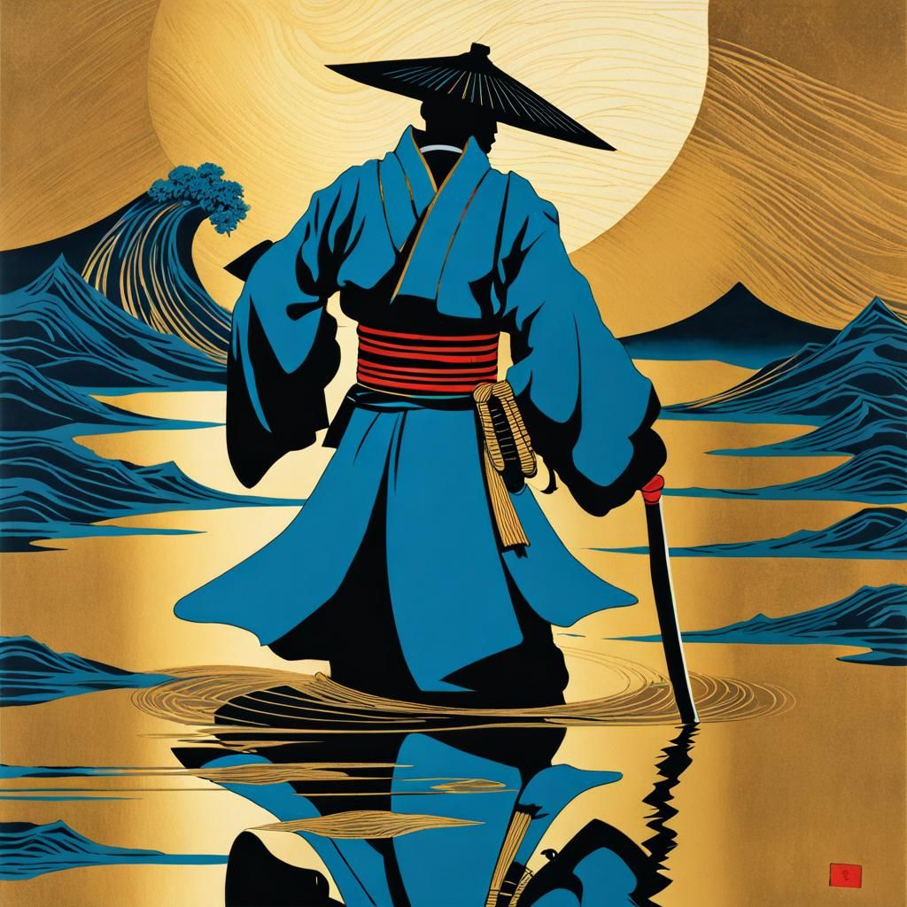 Samurai in Water Mirror: Ukiyo-e Wabi-Sabi Art