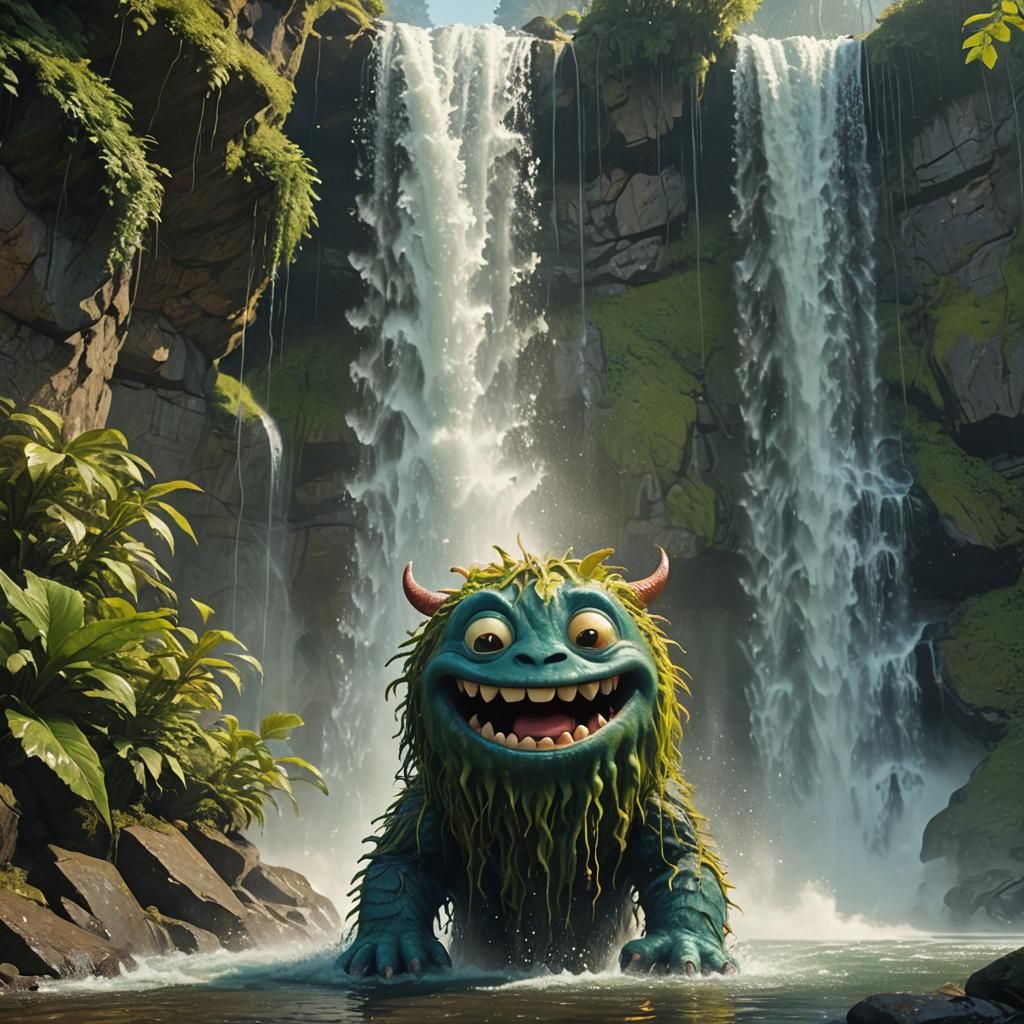 Cute Monster Playing Under Waterfall in Fantasy Art