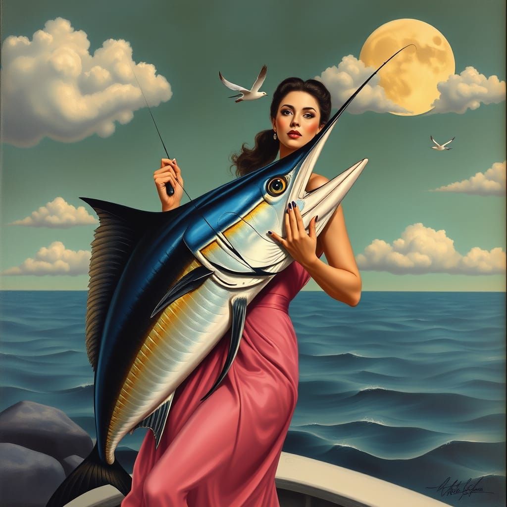 Pinup Girl Fishing for Marlin in Surreal Landscape