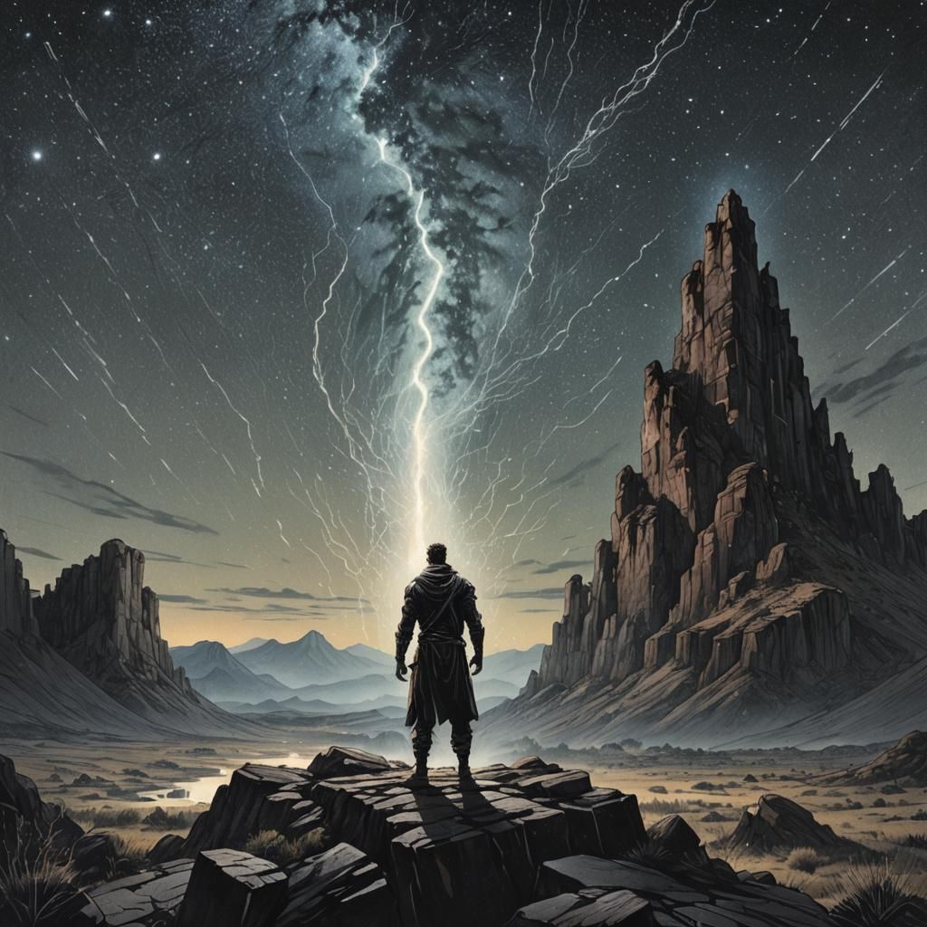 Man Channeling Ethereal Power in Rugged Landscape