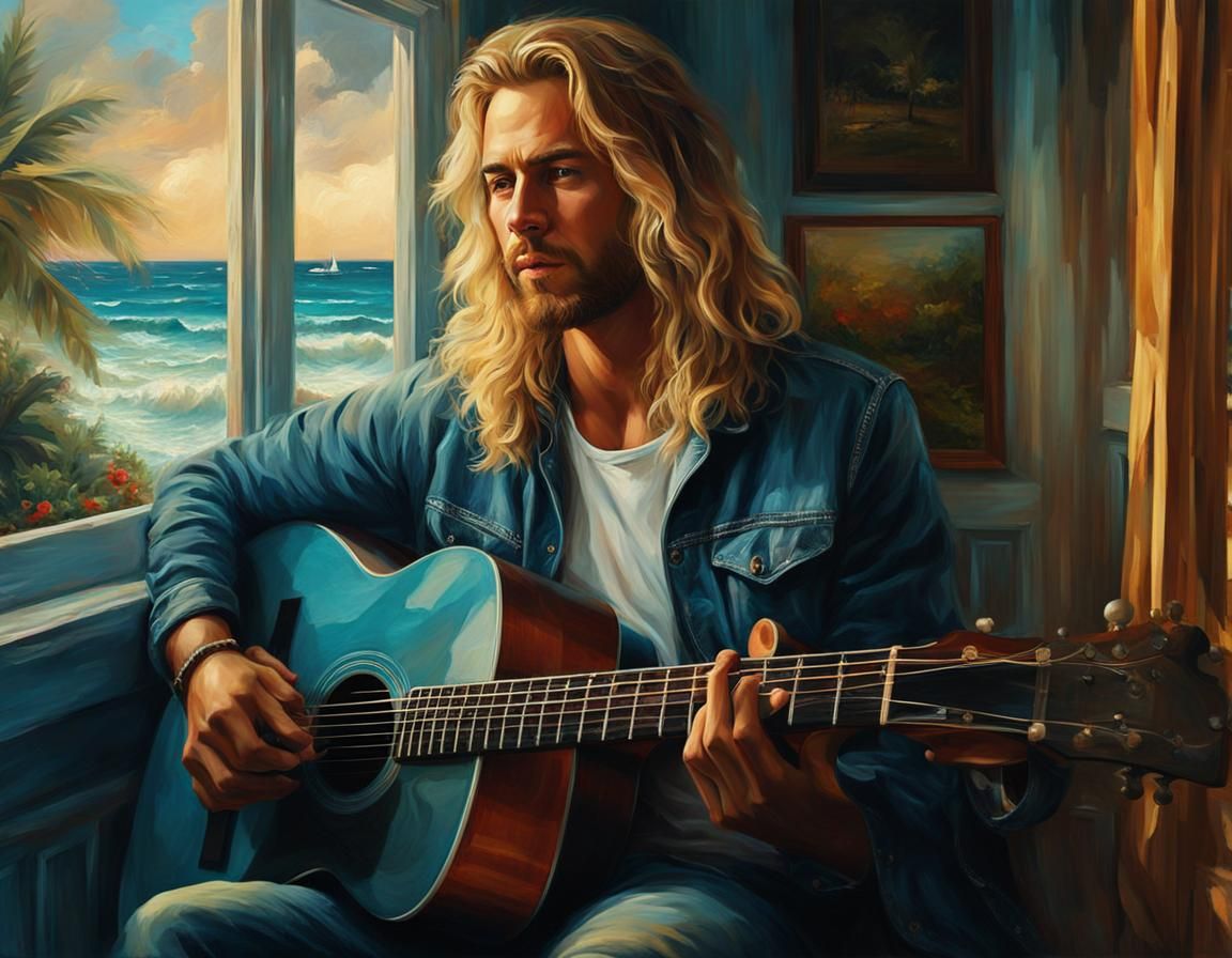 Ocean Guitarist Portrait as Oil Painting