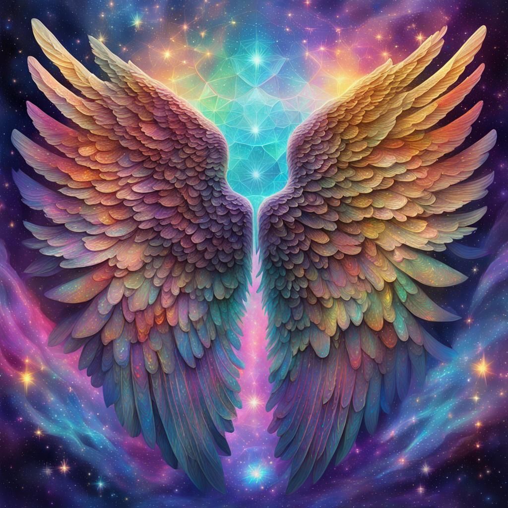 Holographic Angel Wings, Cosmic Mixed Media Art