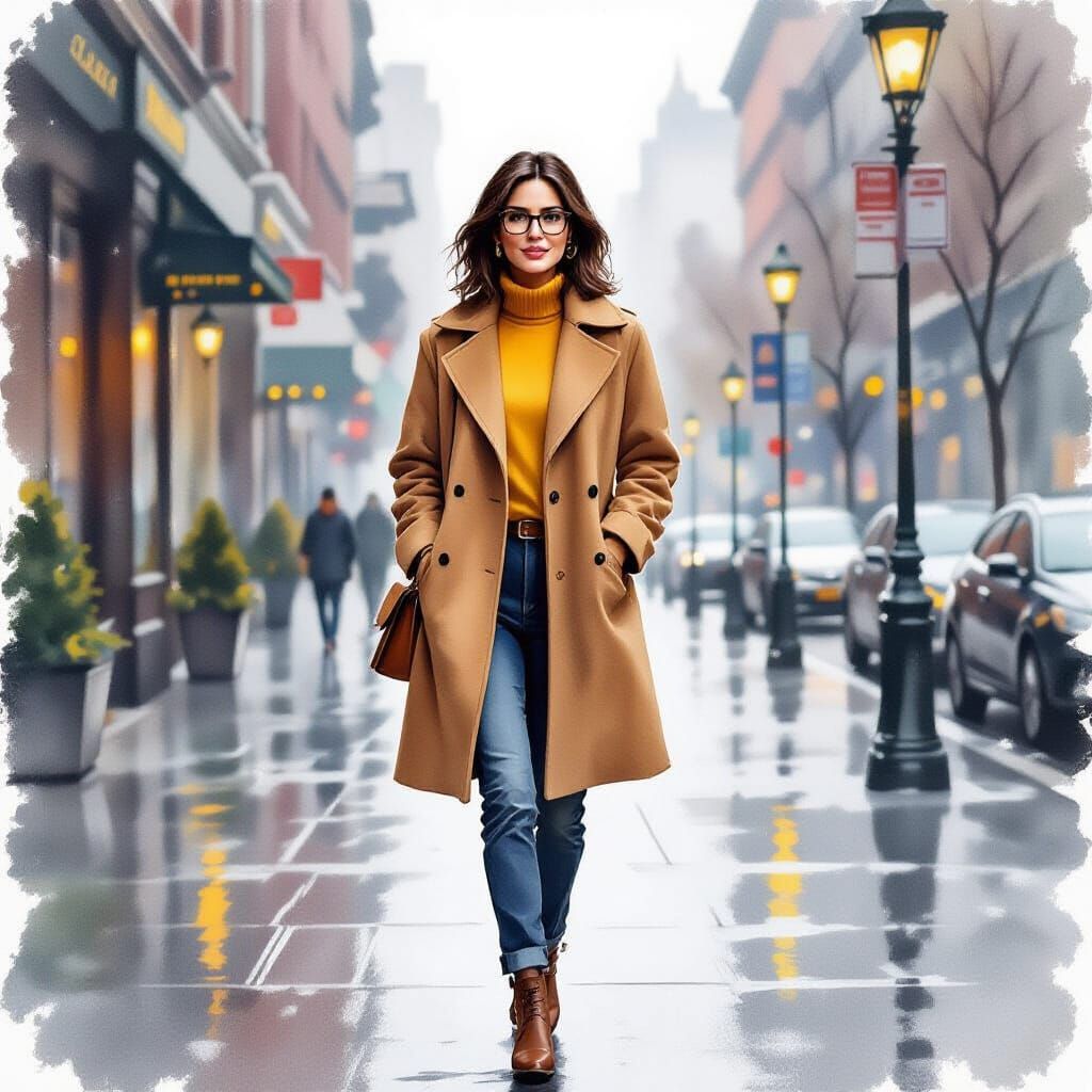 Impressionistic Watercolor of Woman Walking on Foggy Sidewal...