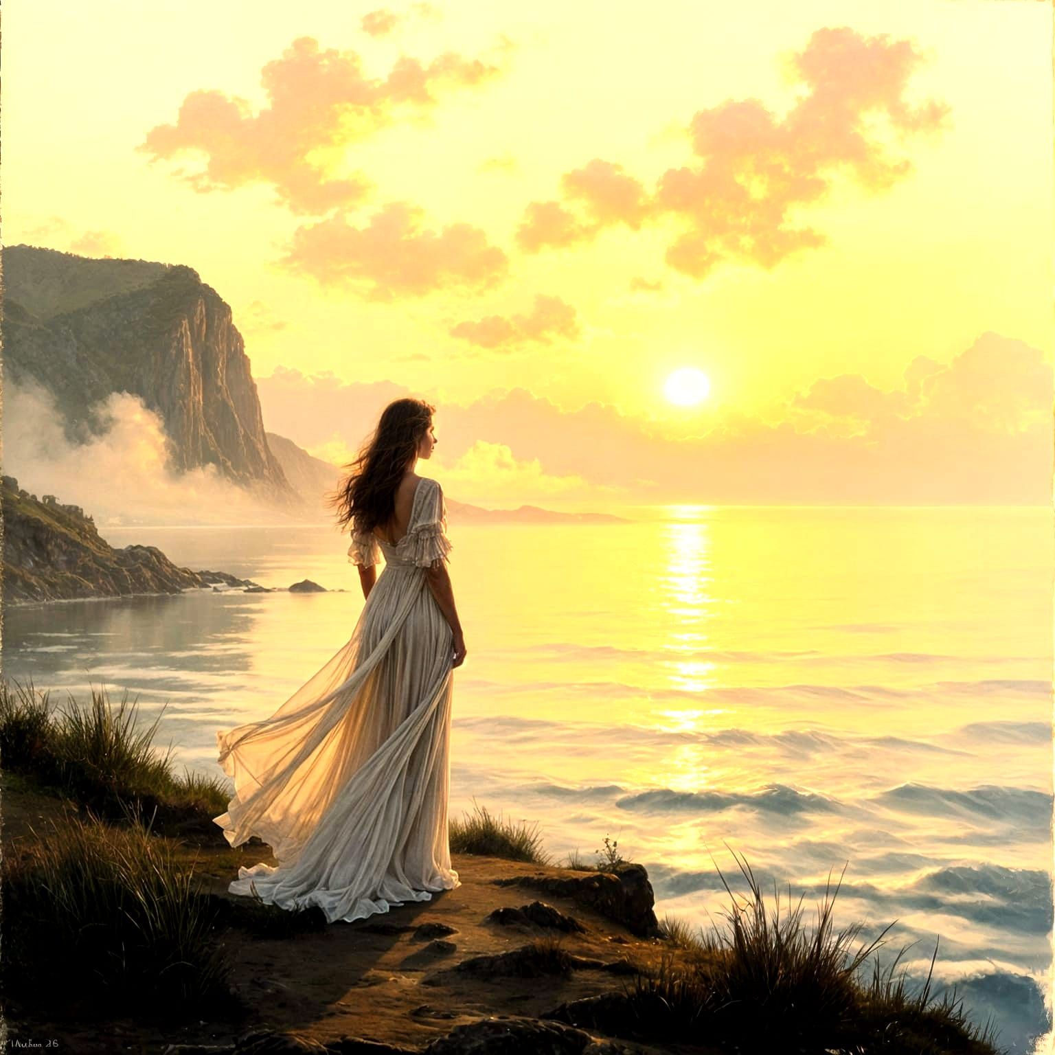 Woman on Misty Coastline in Turner & Monet Style