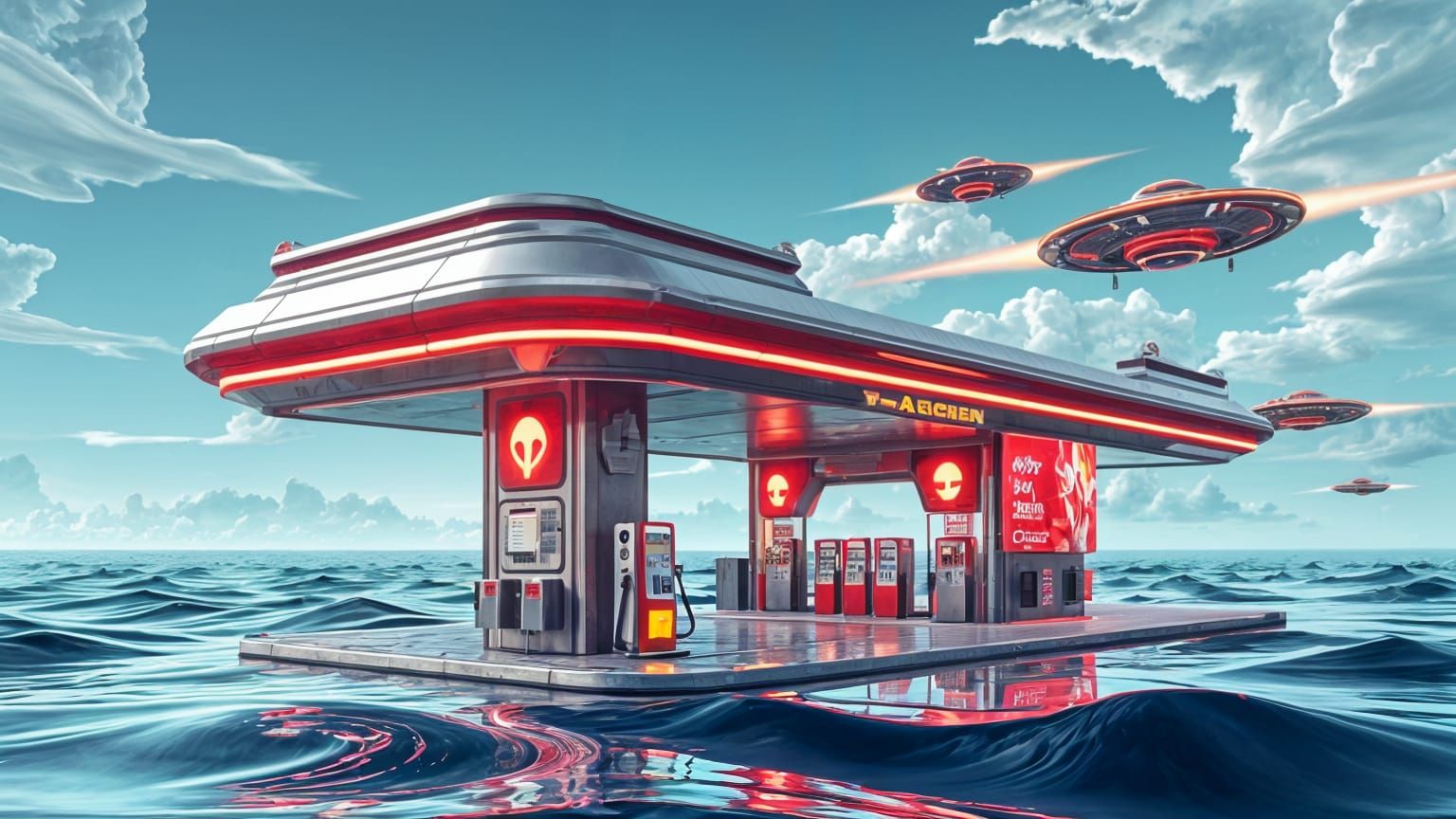 Futuristic Floating Gas Station with Alien Symbols