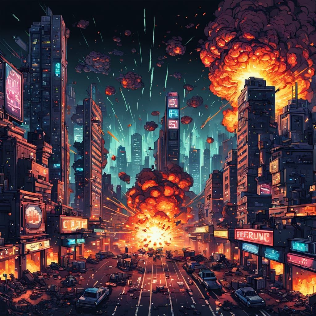 Cyberpunk Ruin in Pixelated Retro Style