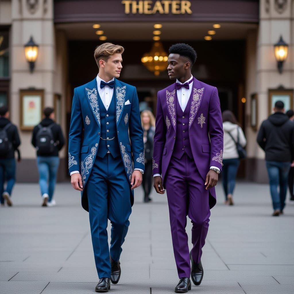 Stylish Men Exit Theater in Ornate Suits