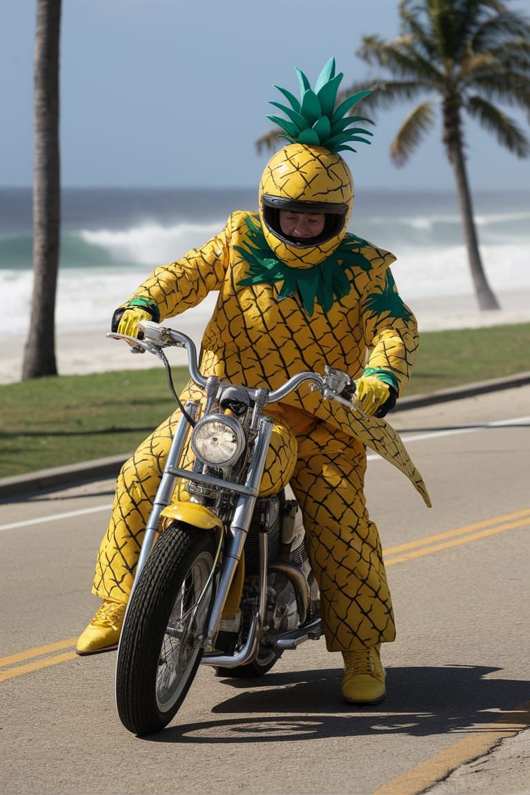 Biker in Pineapple Outfit Cruises Sunny Beach