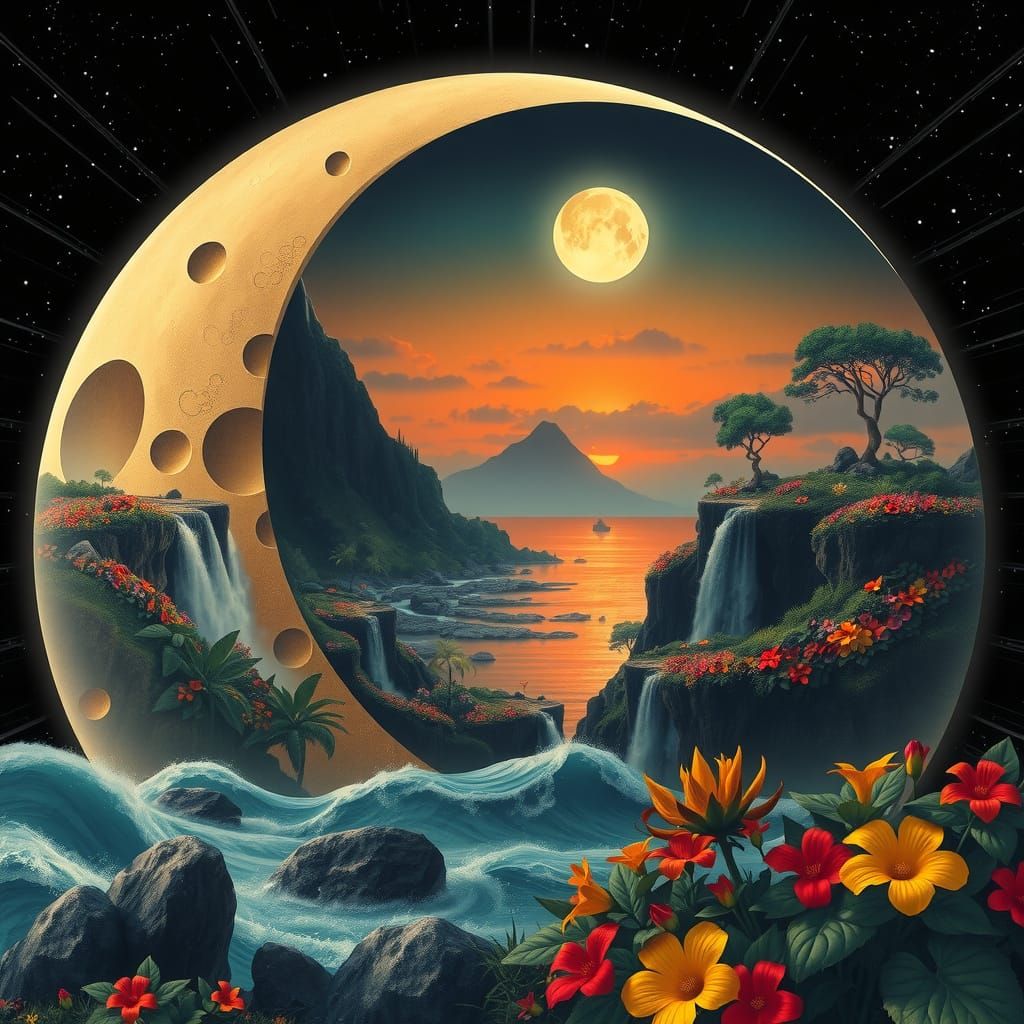 Crescent Moon Framing Kauai Coastline in Art Nouveau Style