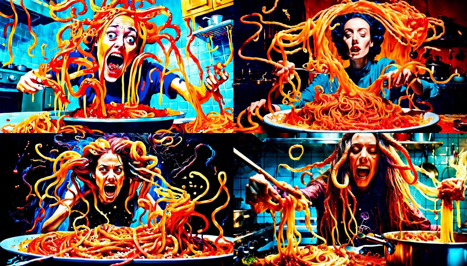 Surreal Woman with Tentacles Cooking Spaghetti