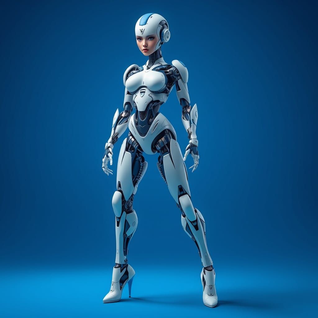 Futuristic Robot Girl in High Heels on Gradient Blue Backgro...