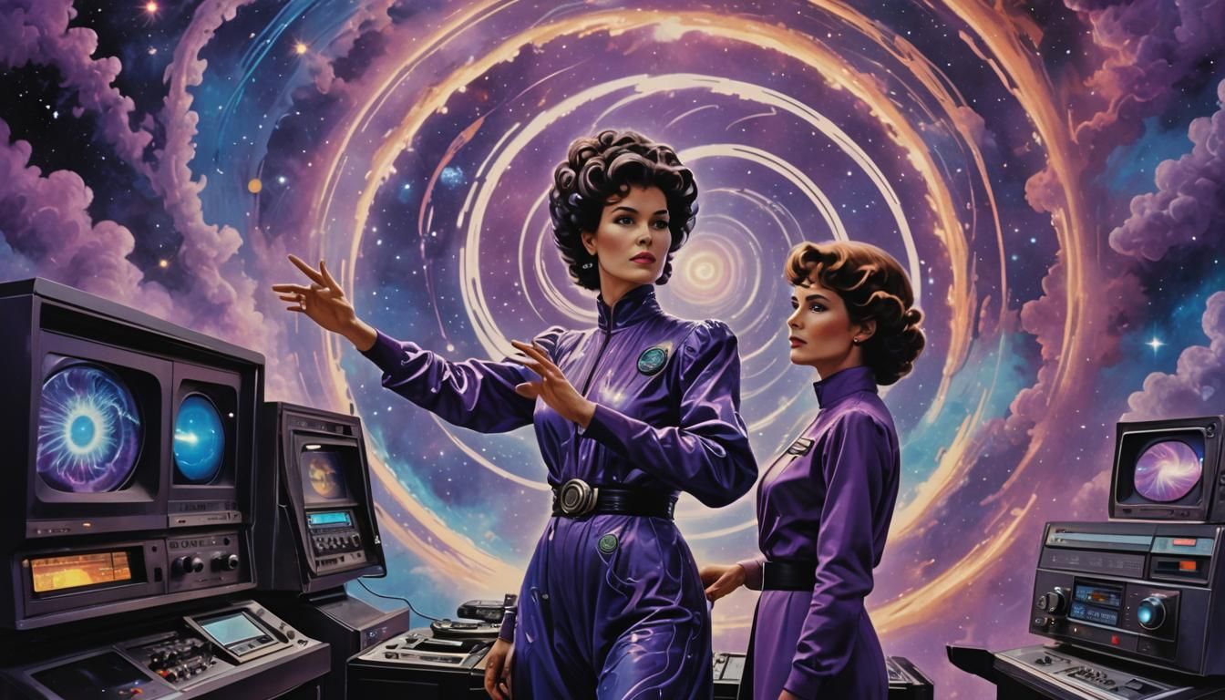 Retro Woman Before Cosmic Galaxy in Comic Book Style