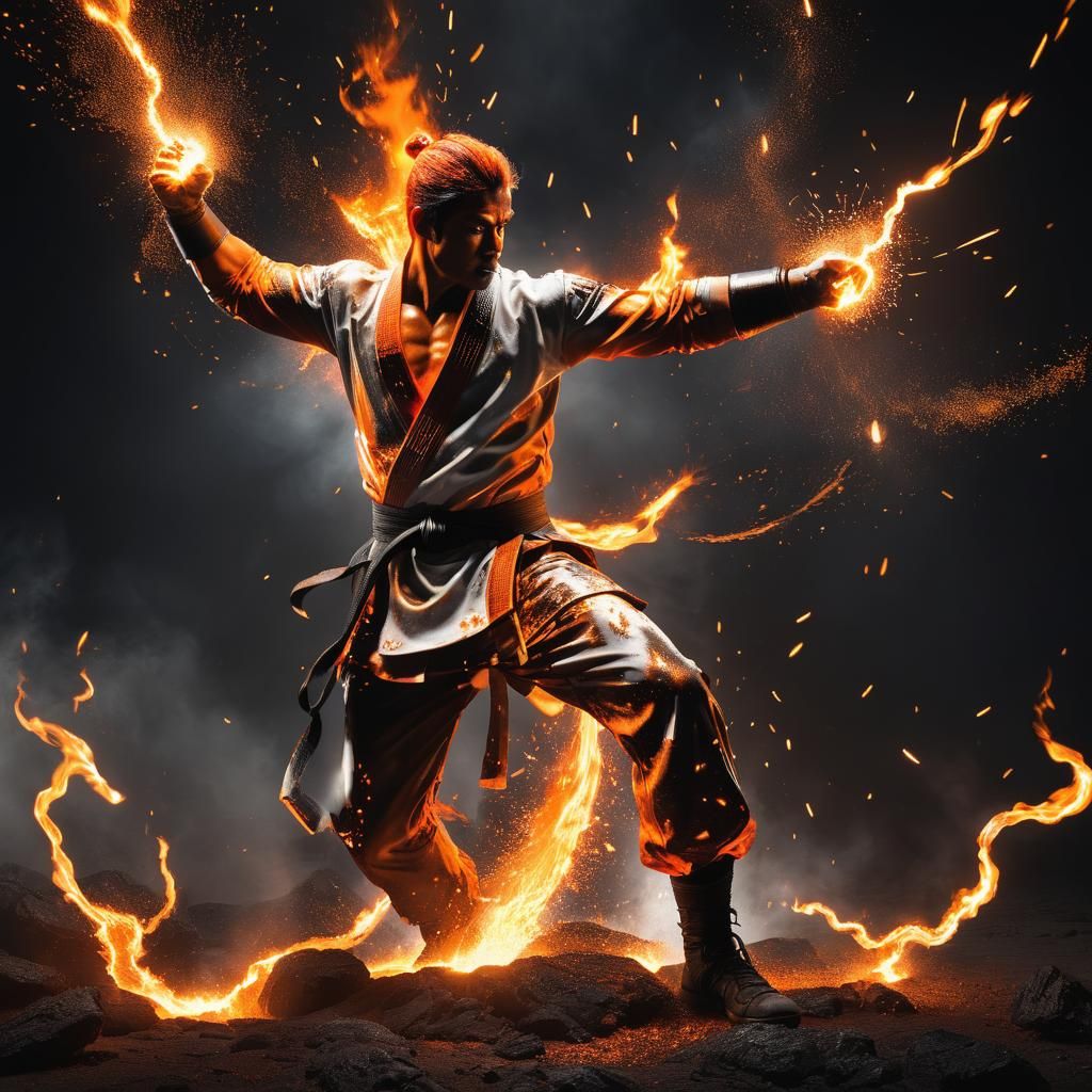 Molten Metal Martial Artist in Fiery Light