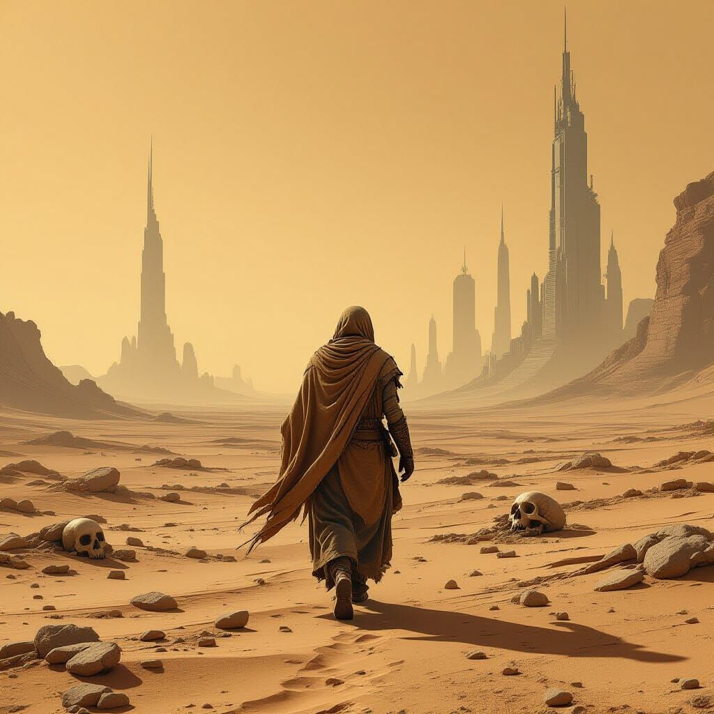 Nomad in Dust-Choked Wasteland Under Skeletal City Ruins