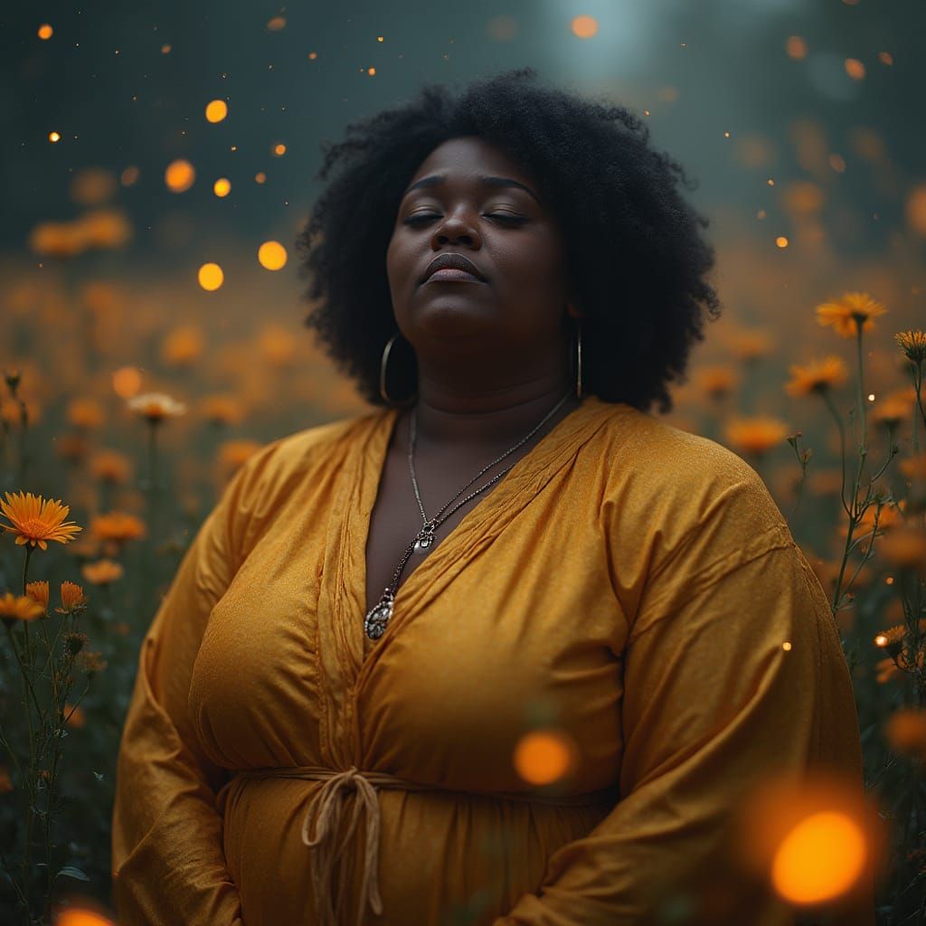 Serene Woman in Golden Robes Amidst Bioluminescent Flowers