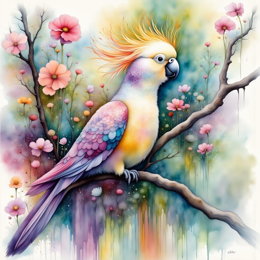 Watercolor Cockatoo on Jungle Branch