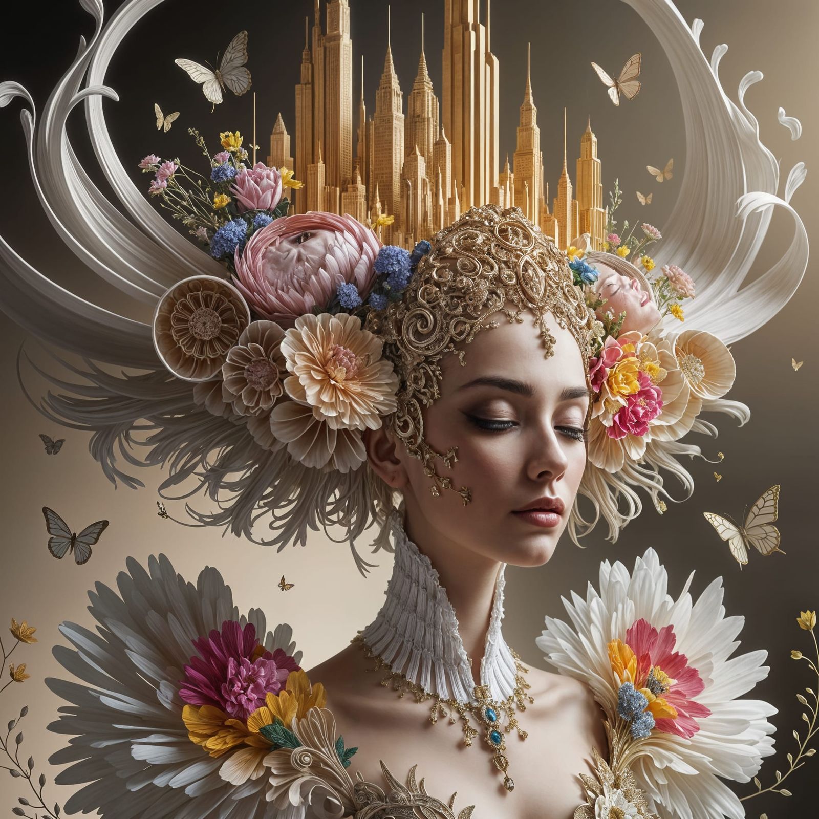 Ethereal Woman Portrait with Golden Paper Sculpture Headdres...