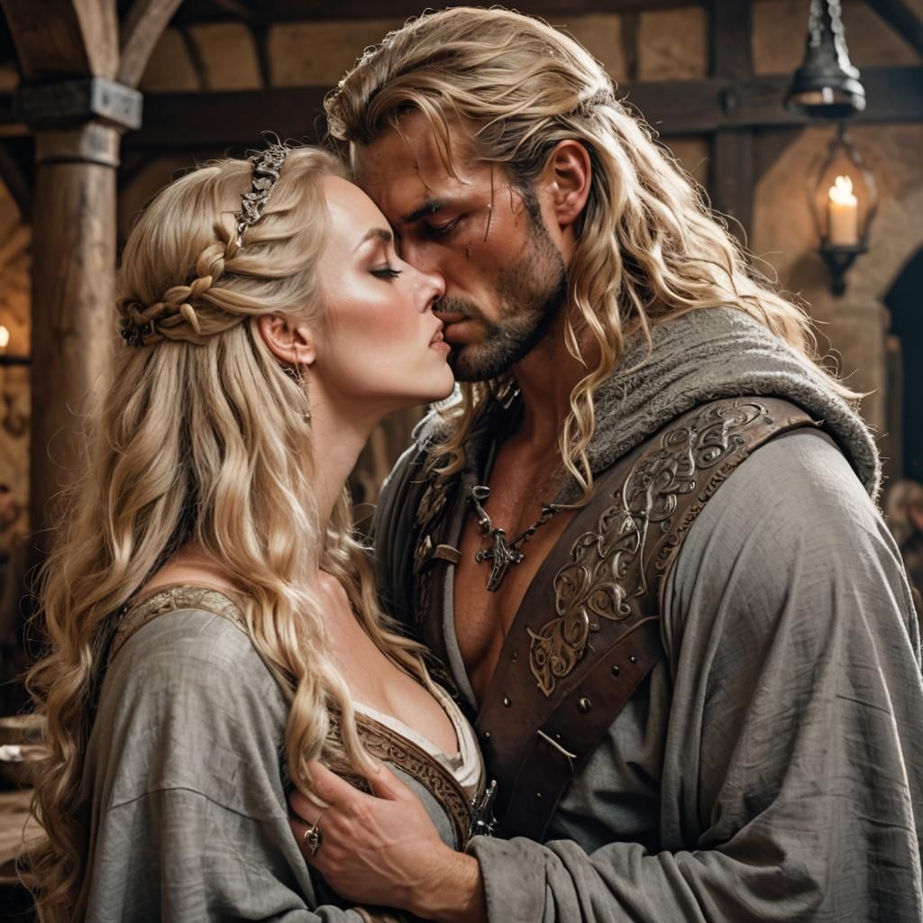 Medieval Inn Kiss: Blonde Woman and Barbarian