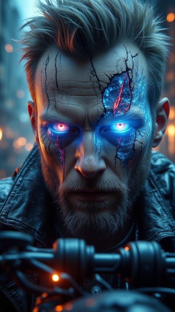 Eerie Gothic Man on Harley in Surreal Landscape