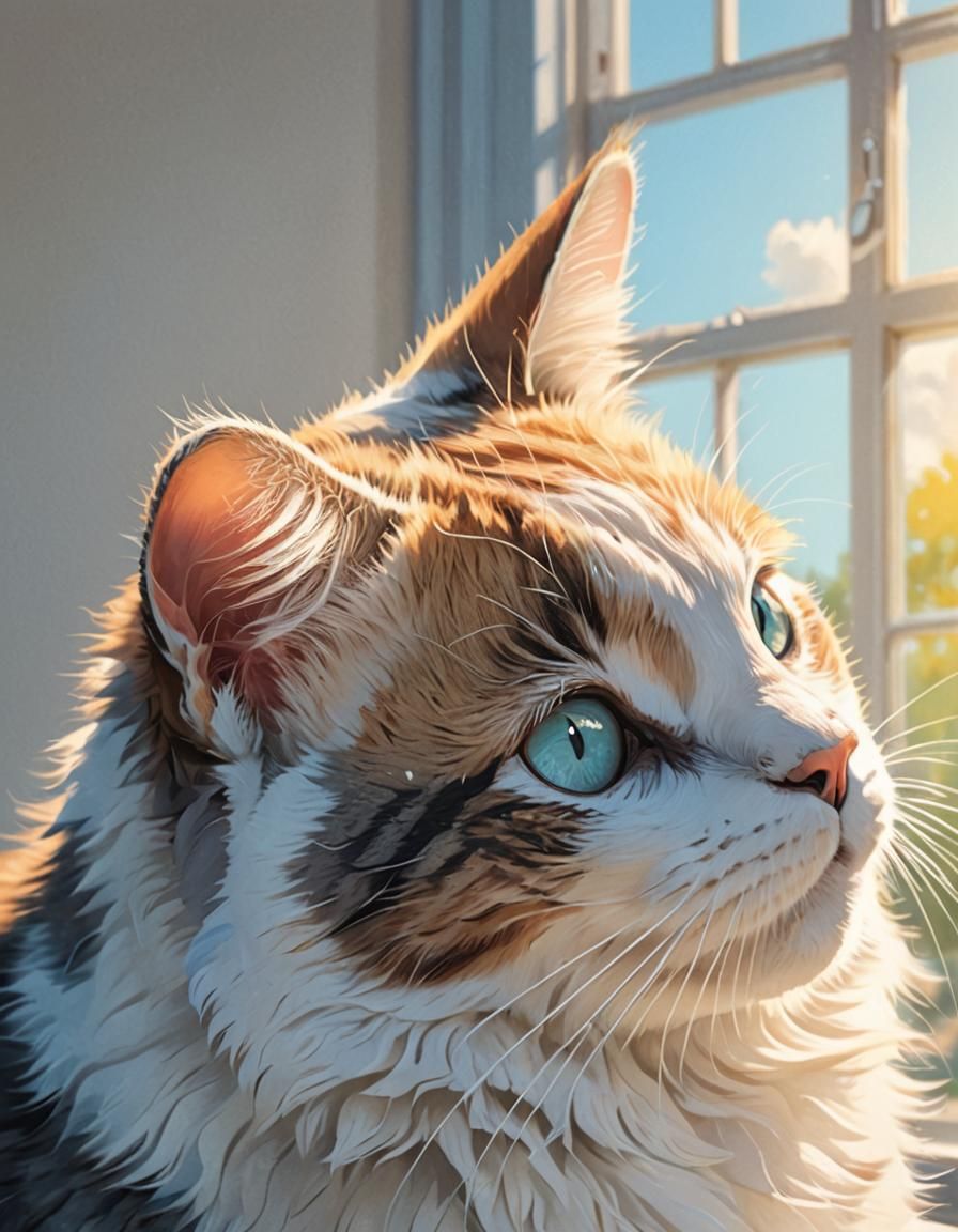 Cartoon Cat on Windowsill in Pastel Colors