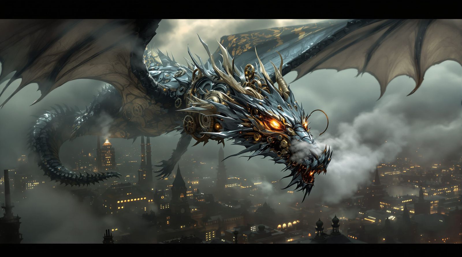 Steampunk Dragon Soars Over Victorian Industrial City