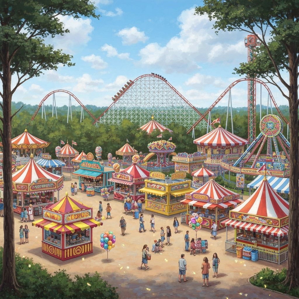Amusement Park in Woods with Rides and Food