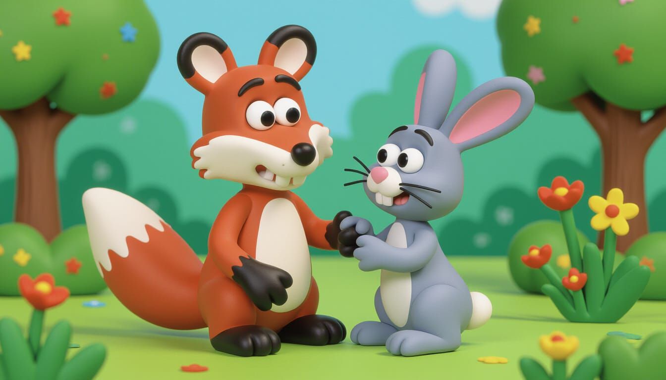 Claymation Fox and Rabbit Share a Friendship