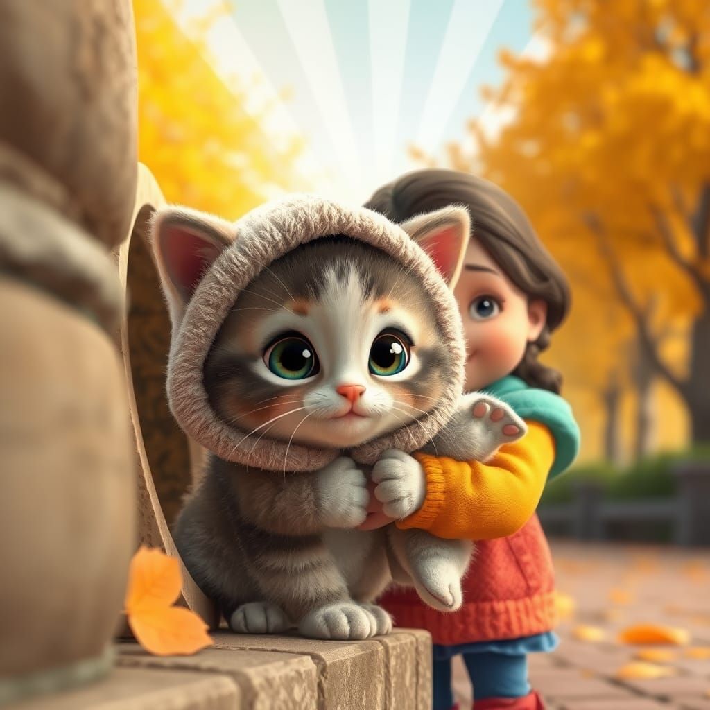 Adorable Kitten and Girl in Autumn Park, 3D Rendered