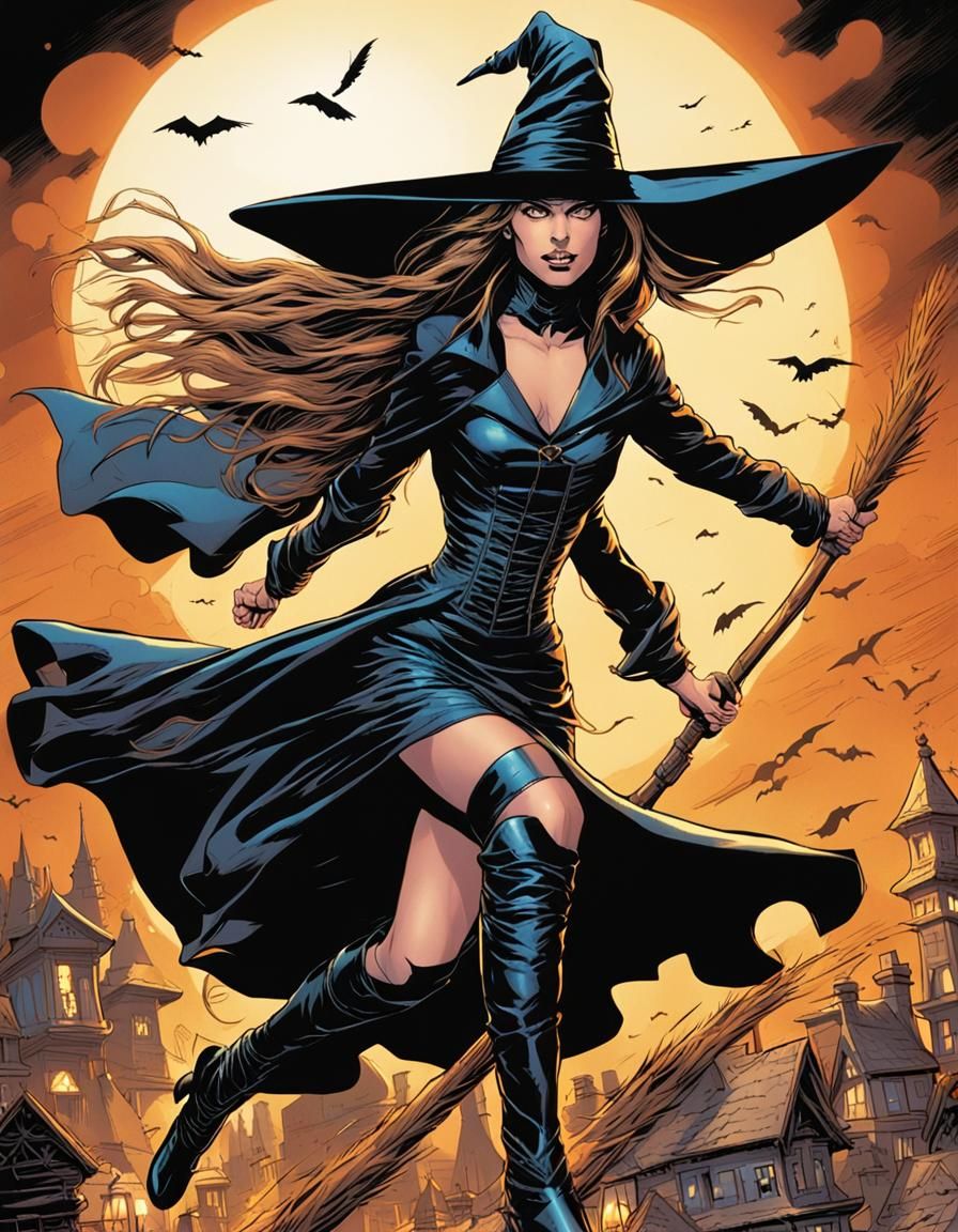 Young Witch on Broomstick in Comic Book Art